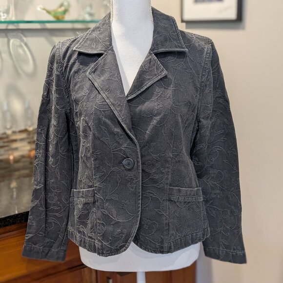 Classic Floral Textured Embroidered Tapered Denim Jean Jacket Blazer Coat - Picture 1 of 4